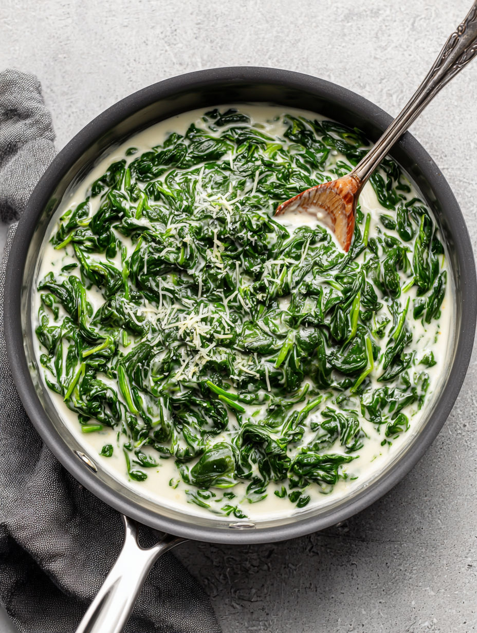A bowl of creamed spinach with a spoon in it.