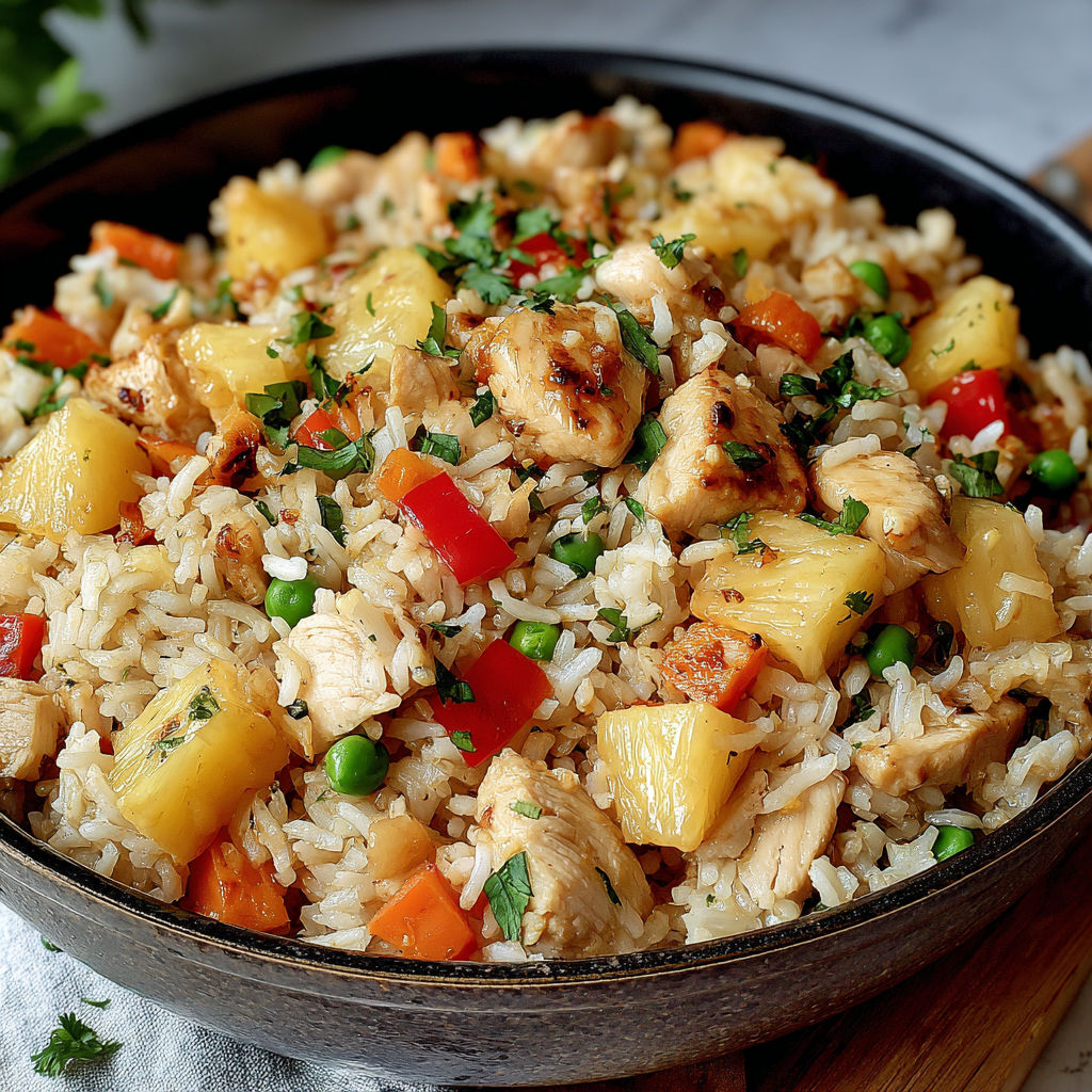 A delicious meal of chicken, rice, and pineapple.