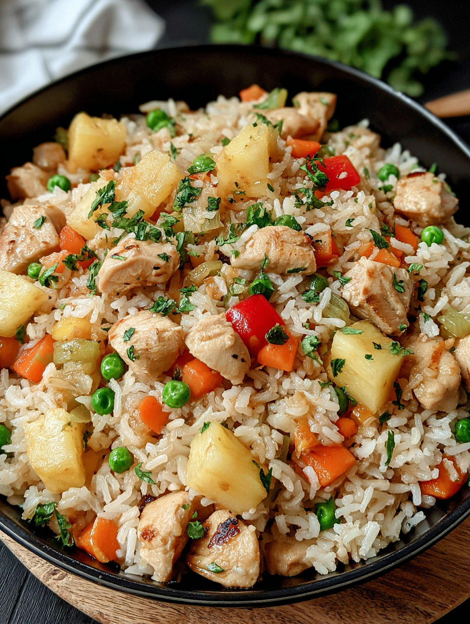 A bowl of rice with chicken and peppers.