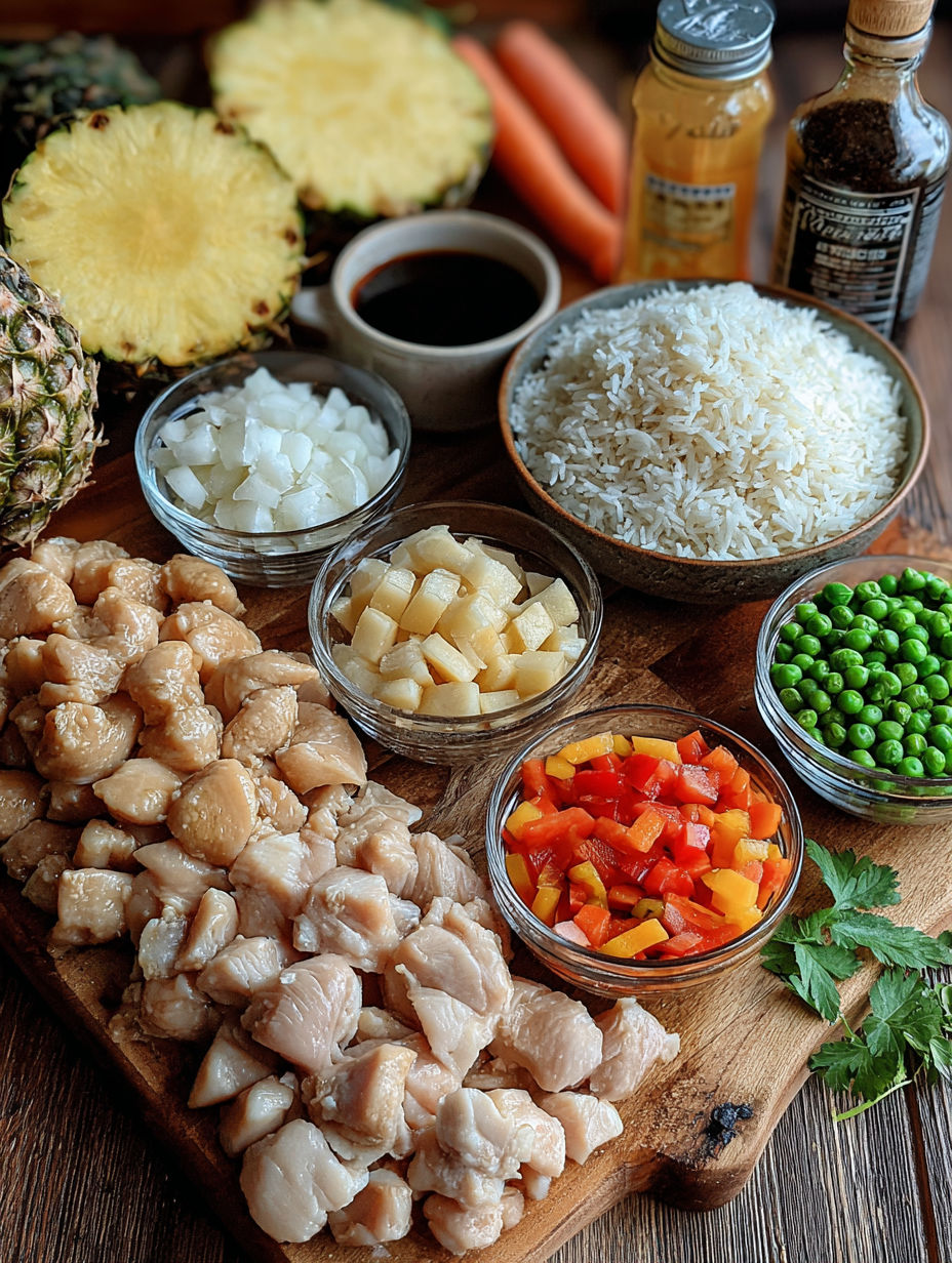 A wooden table with a variety of foods including rice, chicken, peas, and carrots.