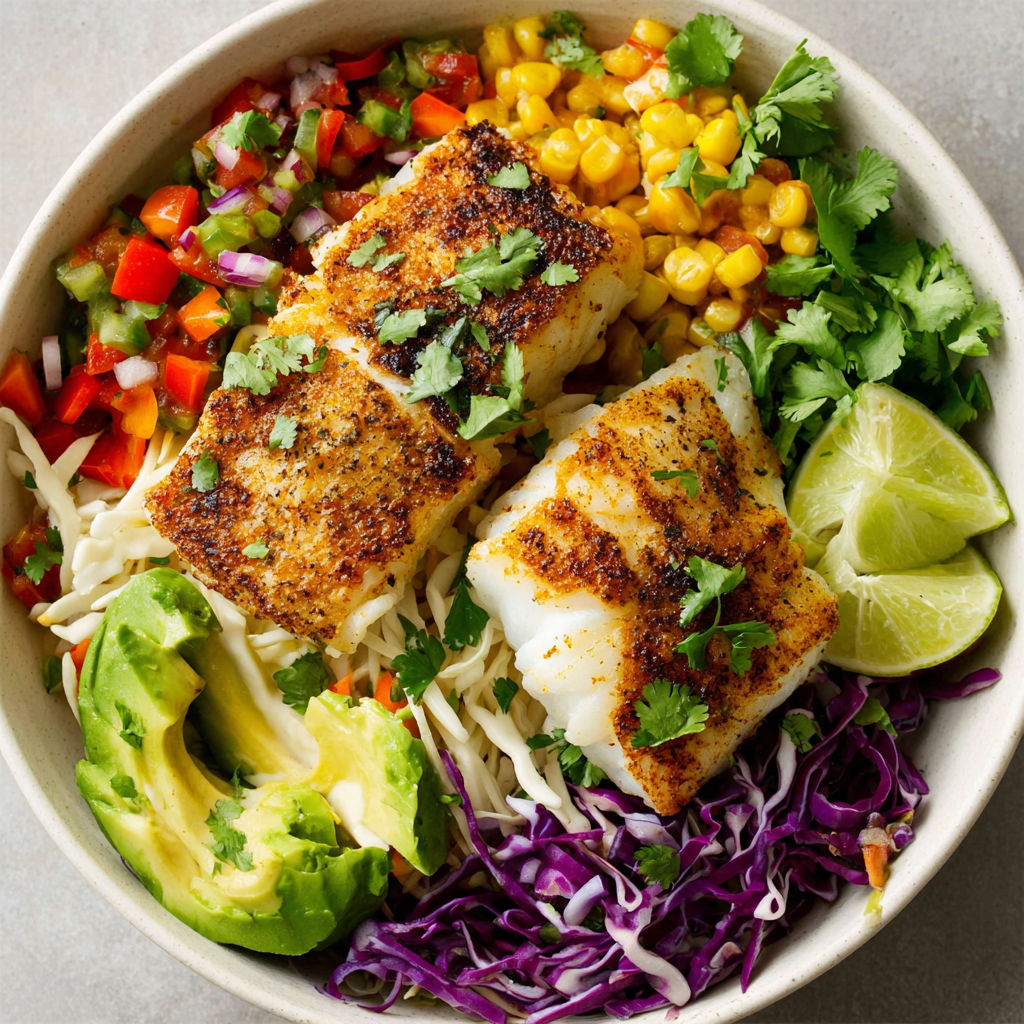 A bowl of food with fish, corn, and lime.