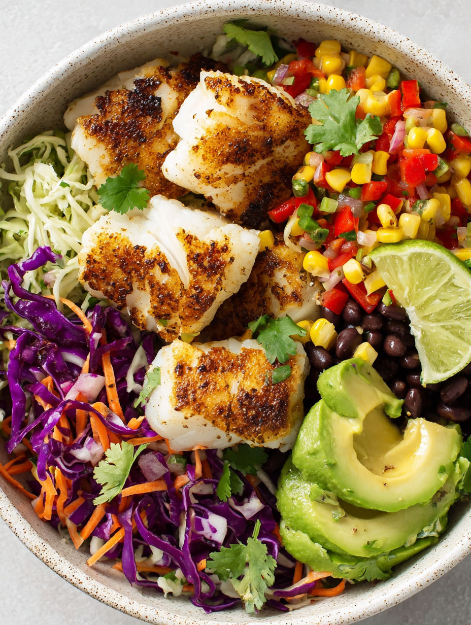 A bowl of food with fish, vegetables, and lime.