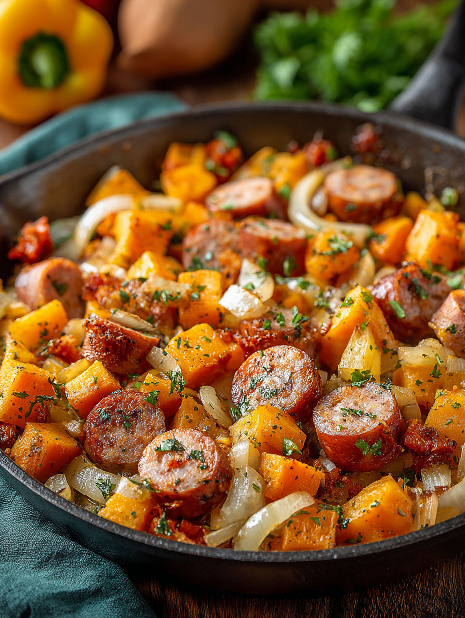 A skillet filled with sausage, onions, and apples.