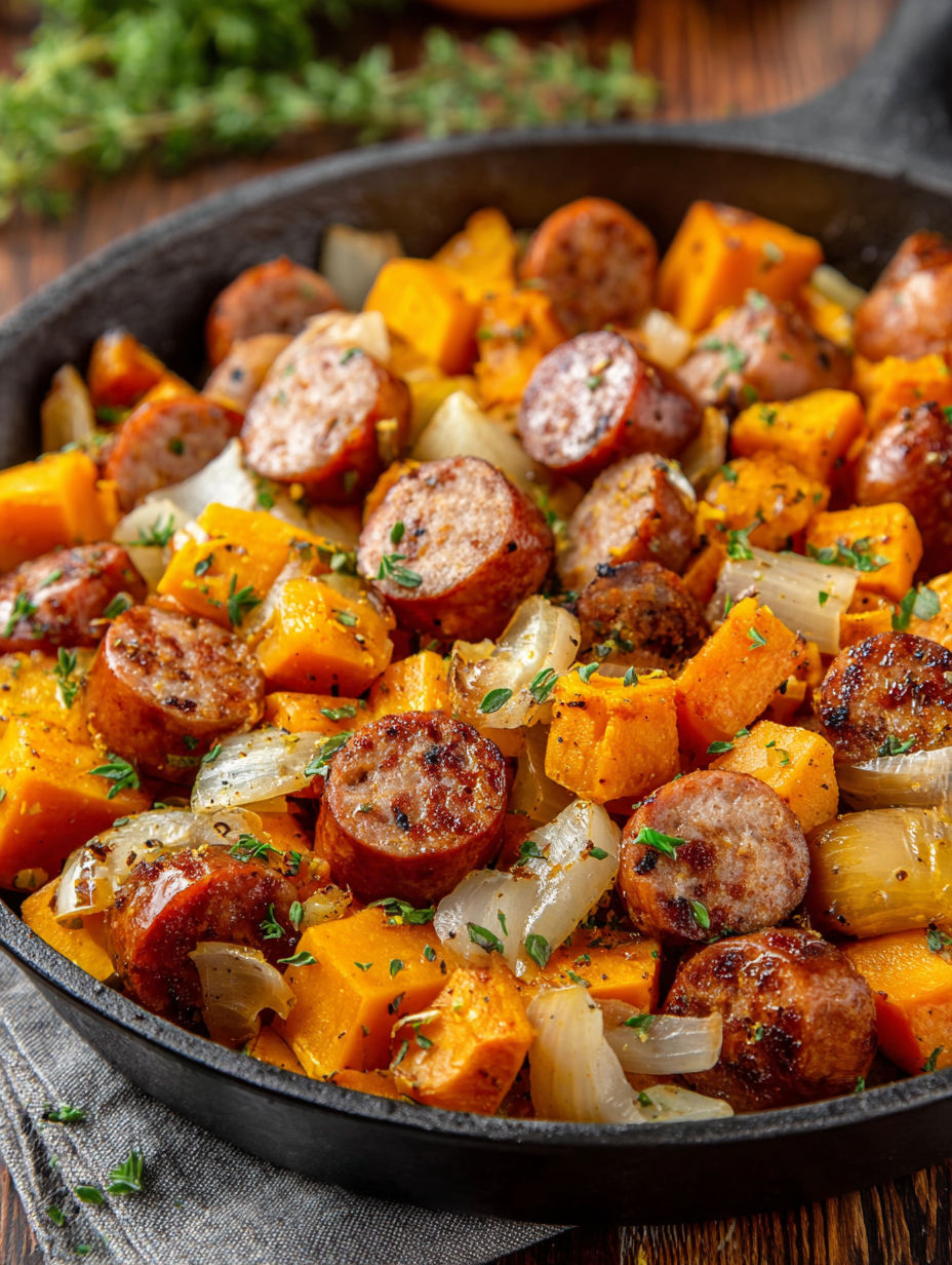 A skillet full of sausage, onions, and carrots.