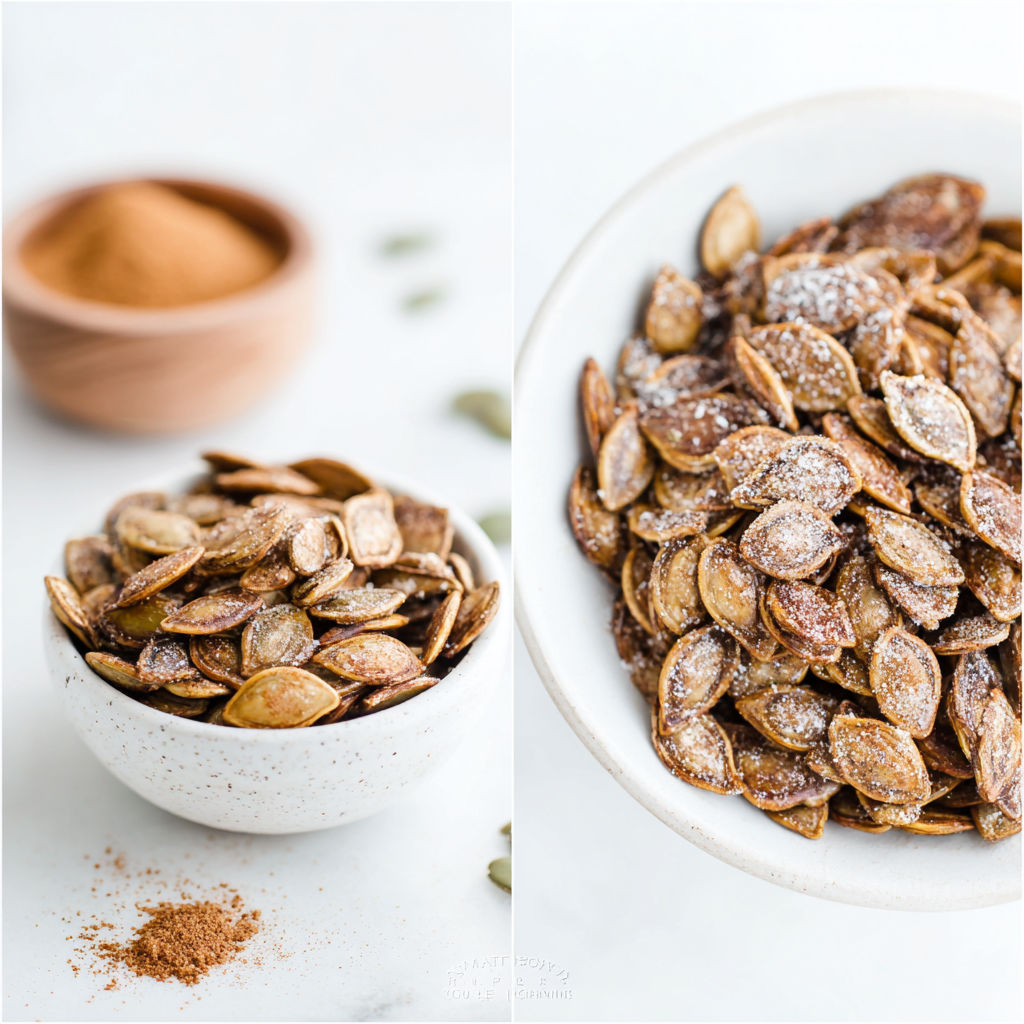 A bowl of pumpkin seeds with a spoon in it.