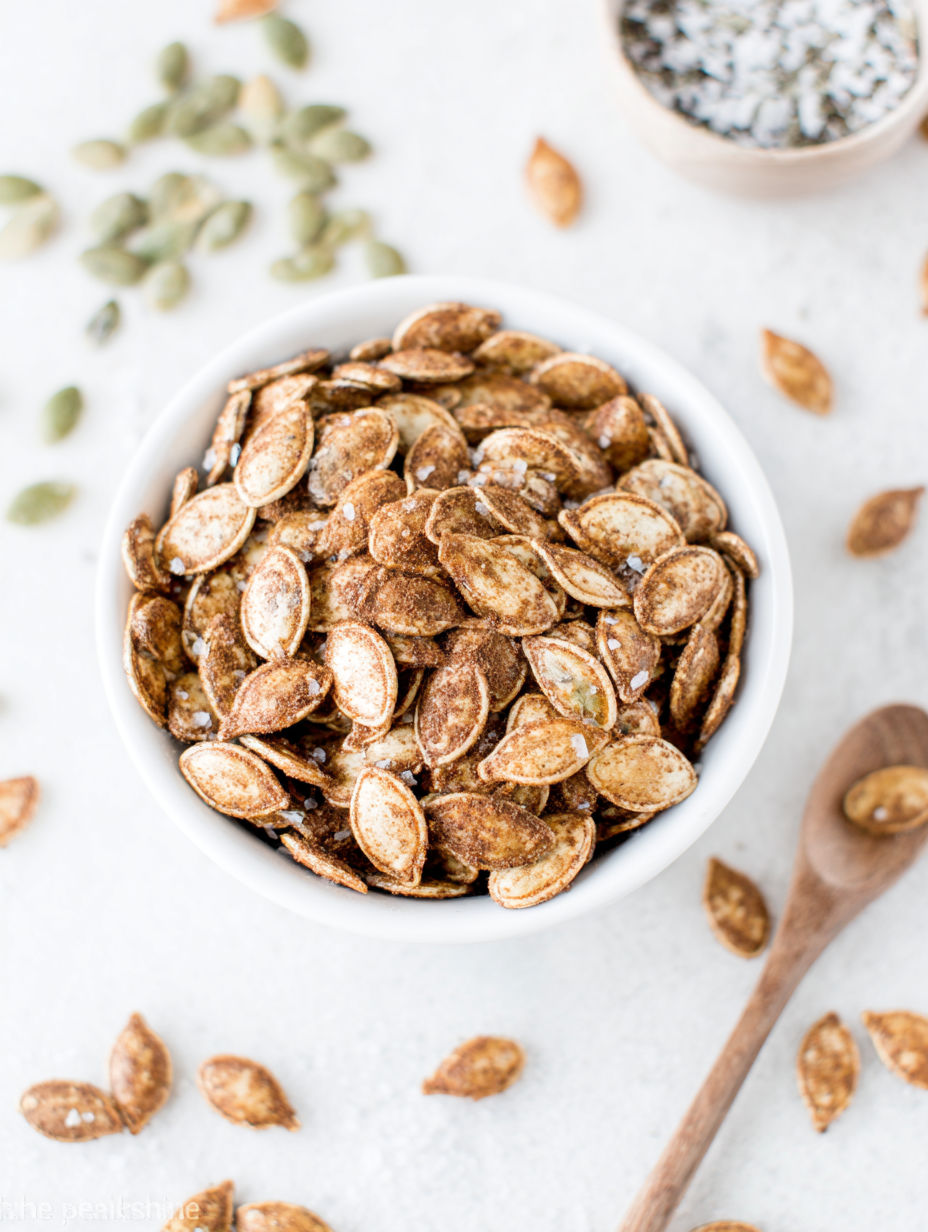 A bowl of pumpkin seeds.