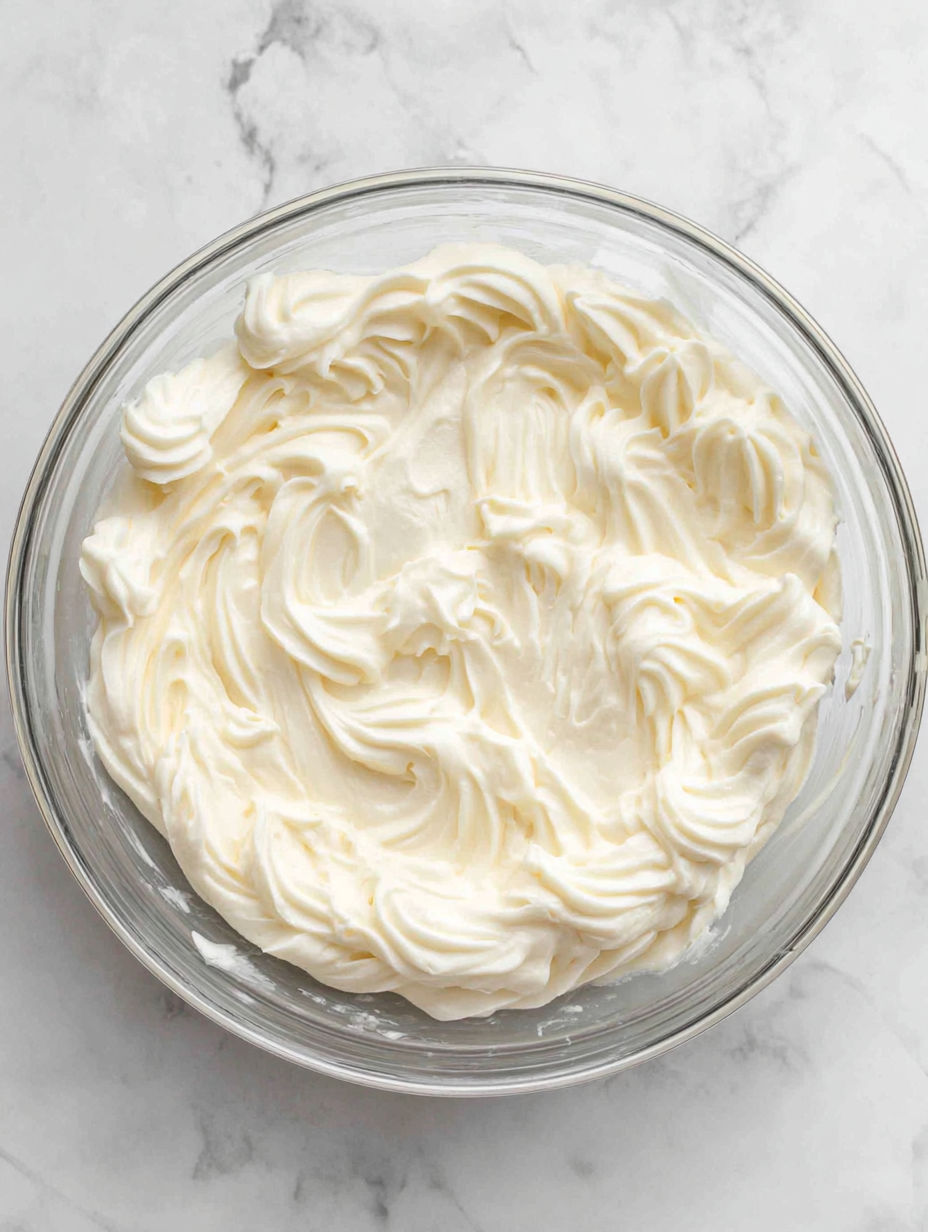 A glass bowl filled with cream cheese frosting.