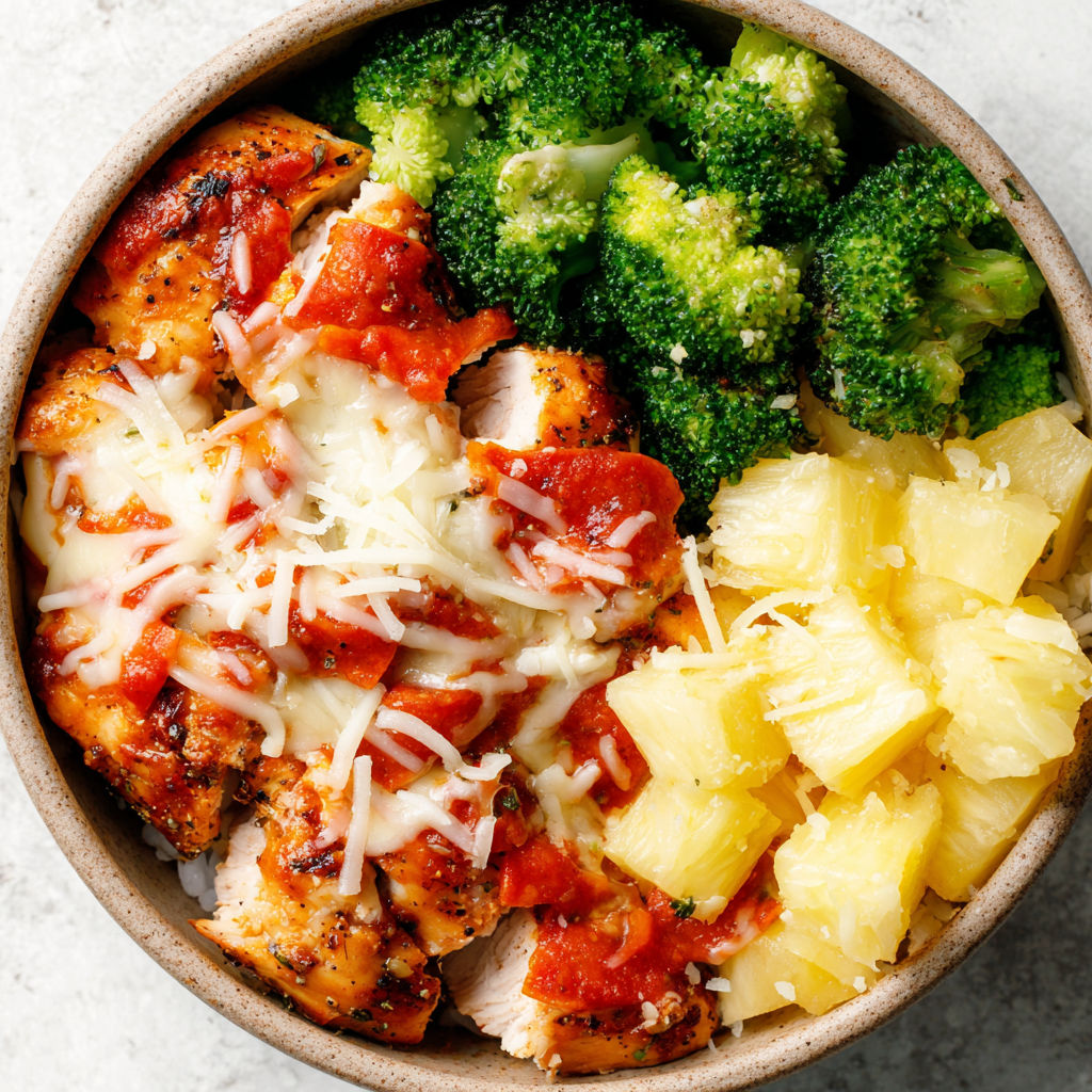 A bowl of food with chicken, broccoli, and pineapple.