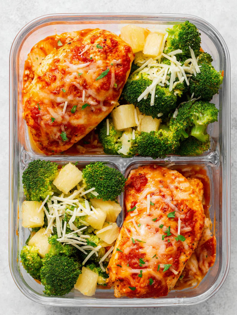 A bowl of food with chicken, broccoli, and pineapple.