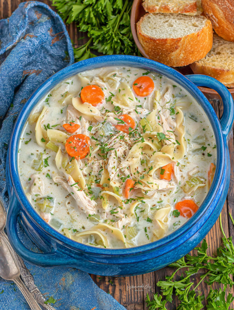 A bowl of soup with chicken and vegetables.