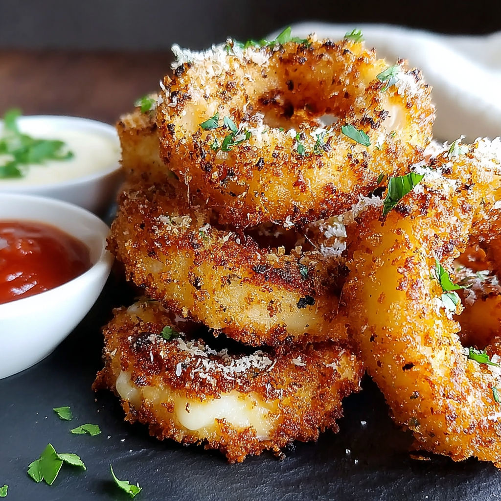 Mozzarella stuffed onion rings on a plate.
