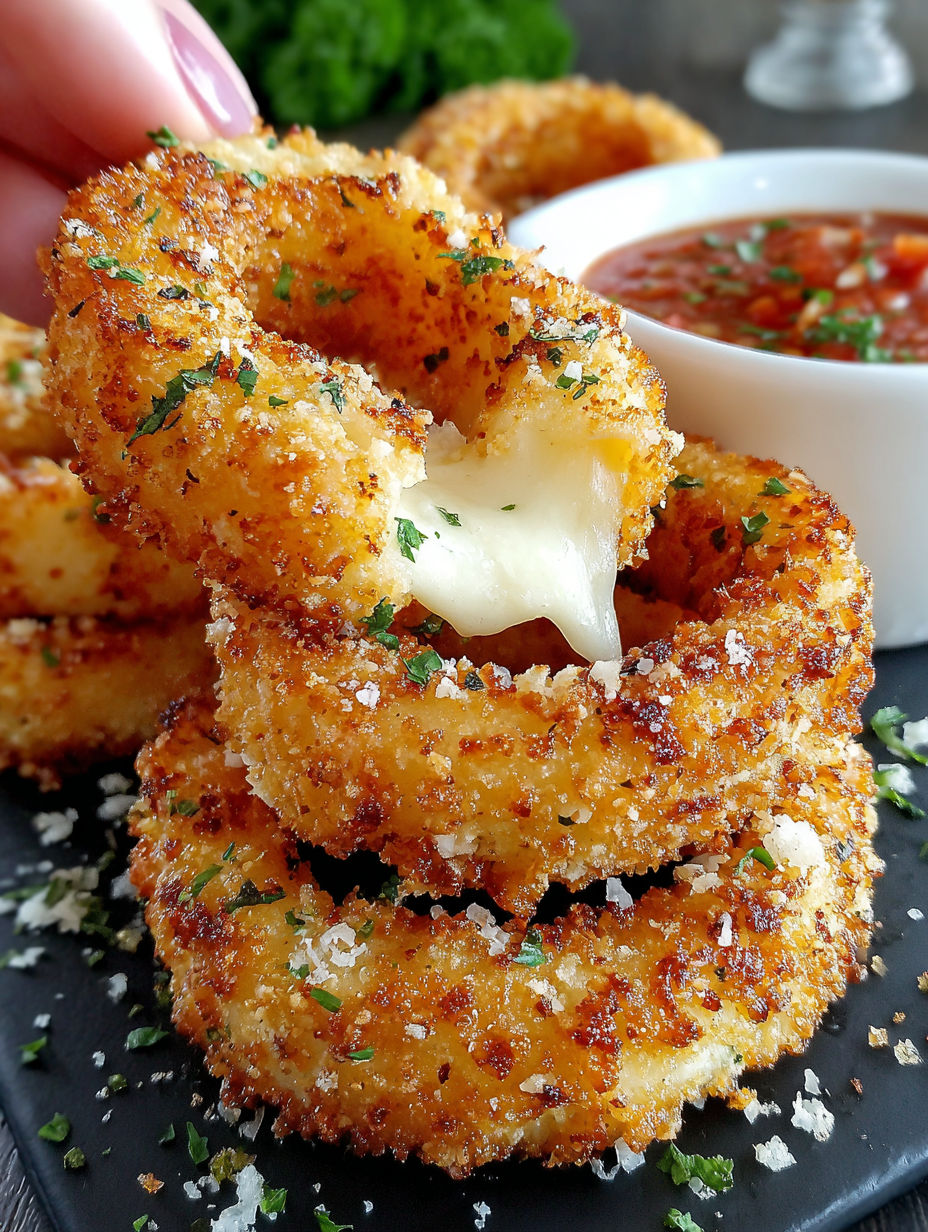 Mozzarella stuffed onion rings on a plate.
