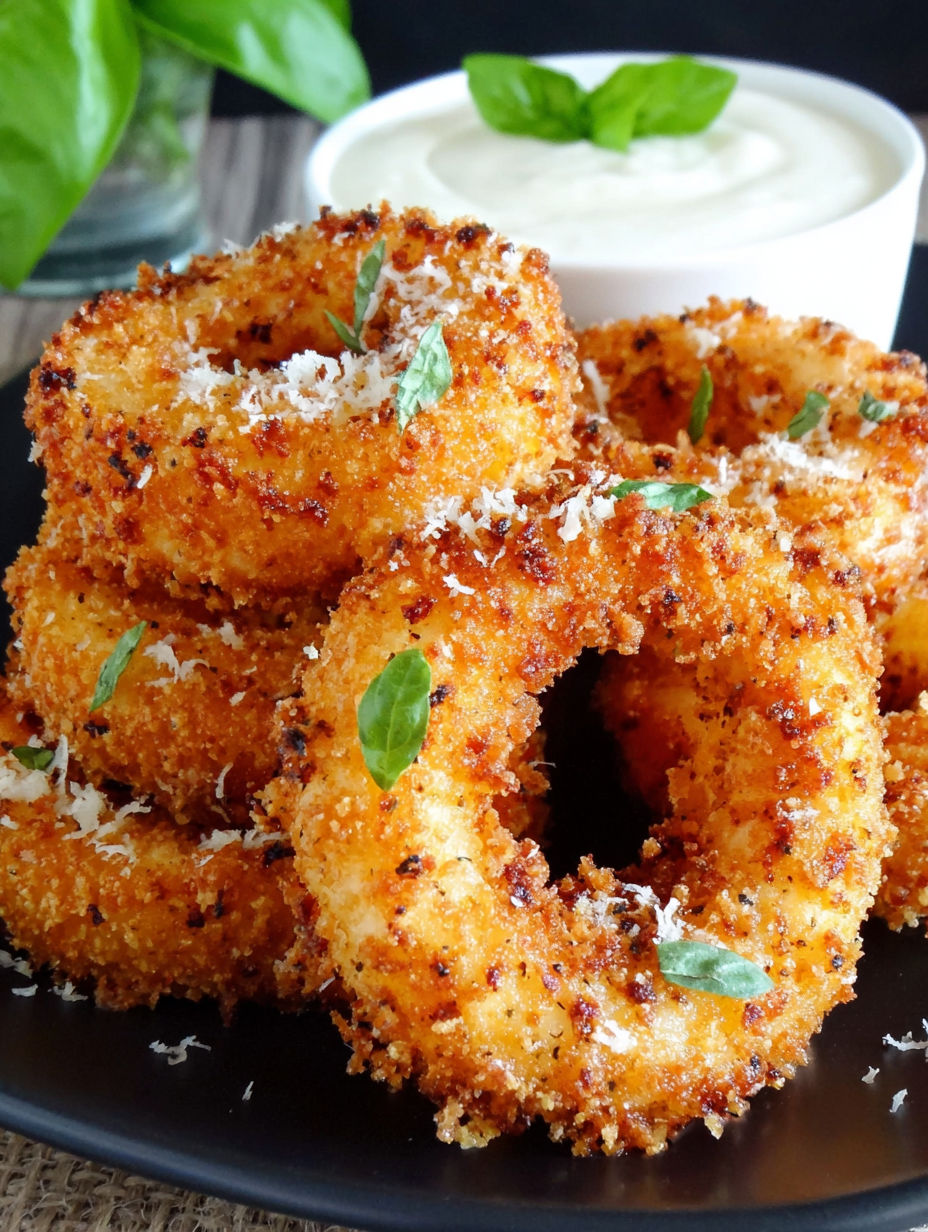 Mozzarella stuffed onion rings on a plate.