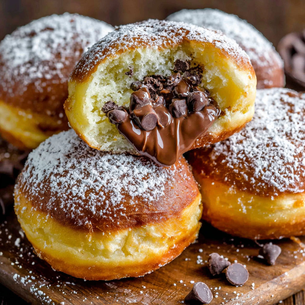 Chocolate filled donuts on a wooden table.