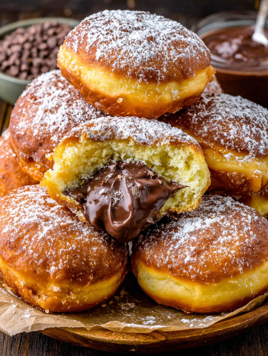 Chocolate filled donuts with powdered sugar.