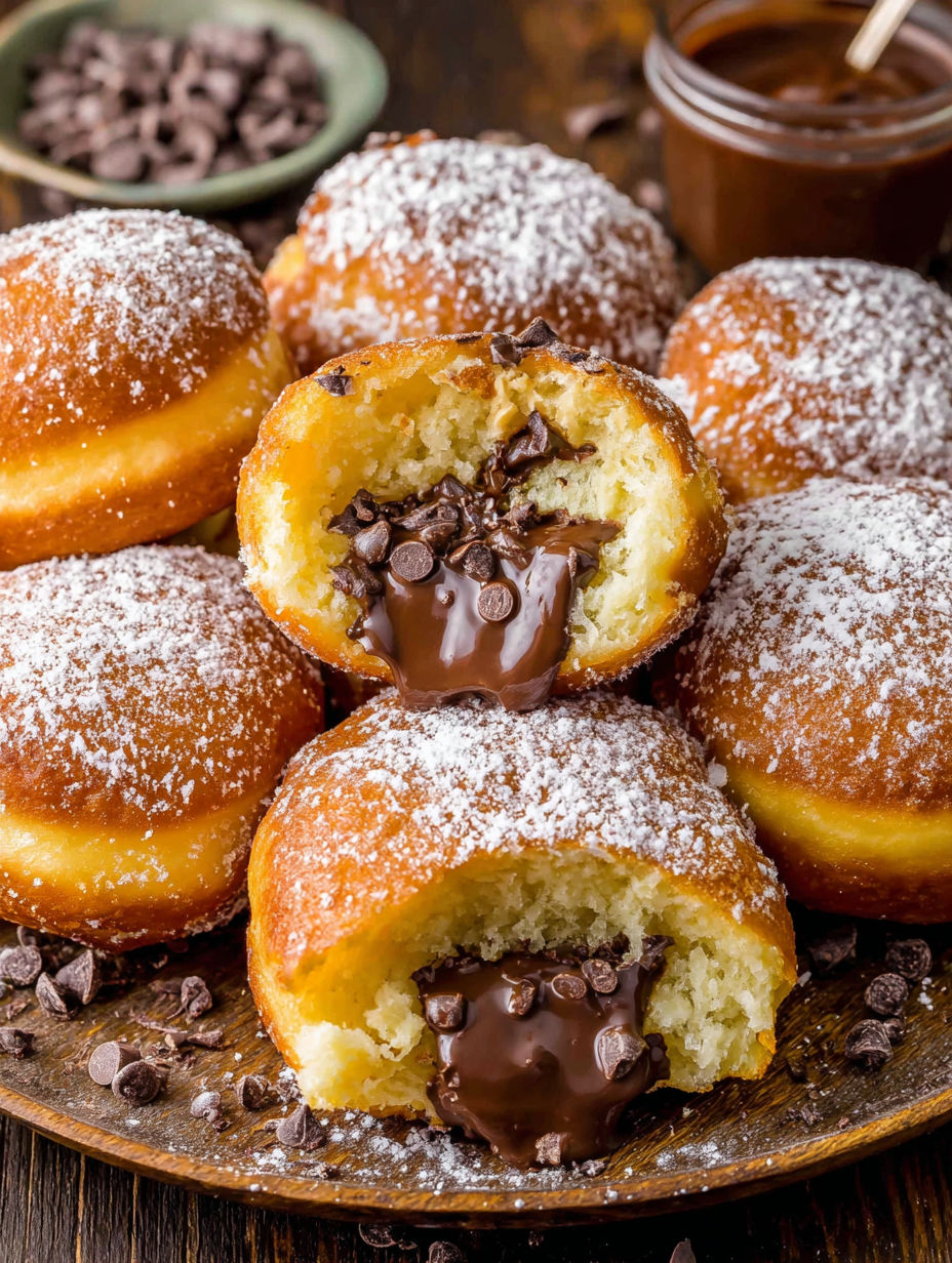 A plate of chocolate filled donuts.