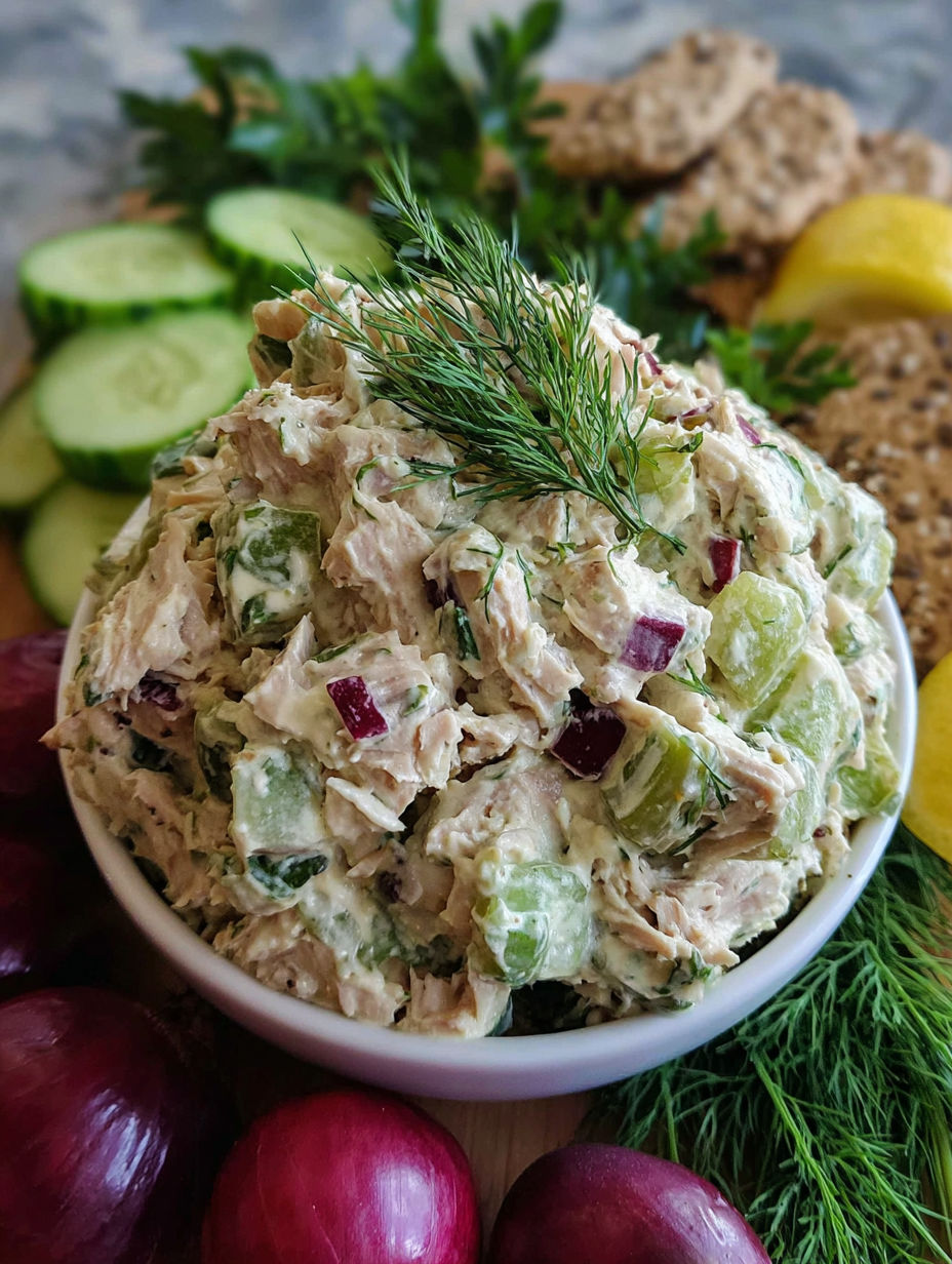A bowl of tuna salad with vegetables.