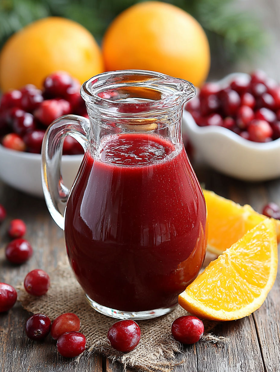 A glass of cranberry and orange balsamic vinaigrette.