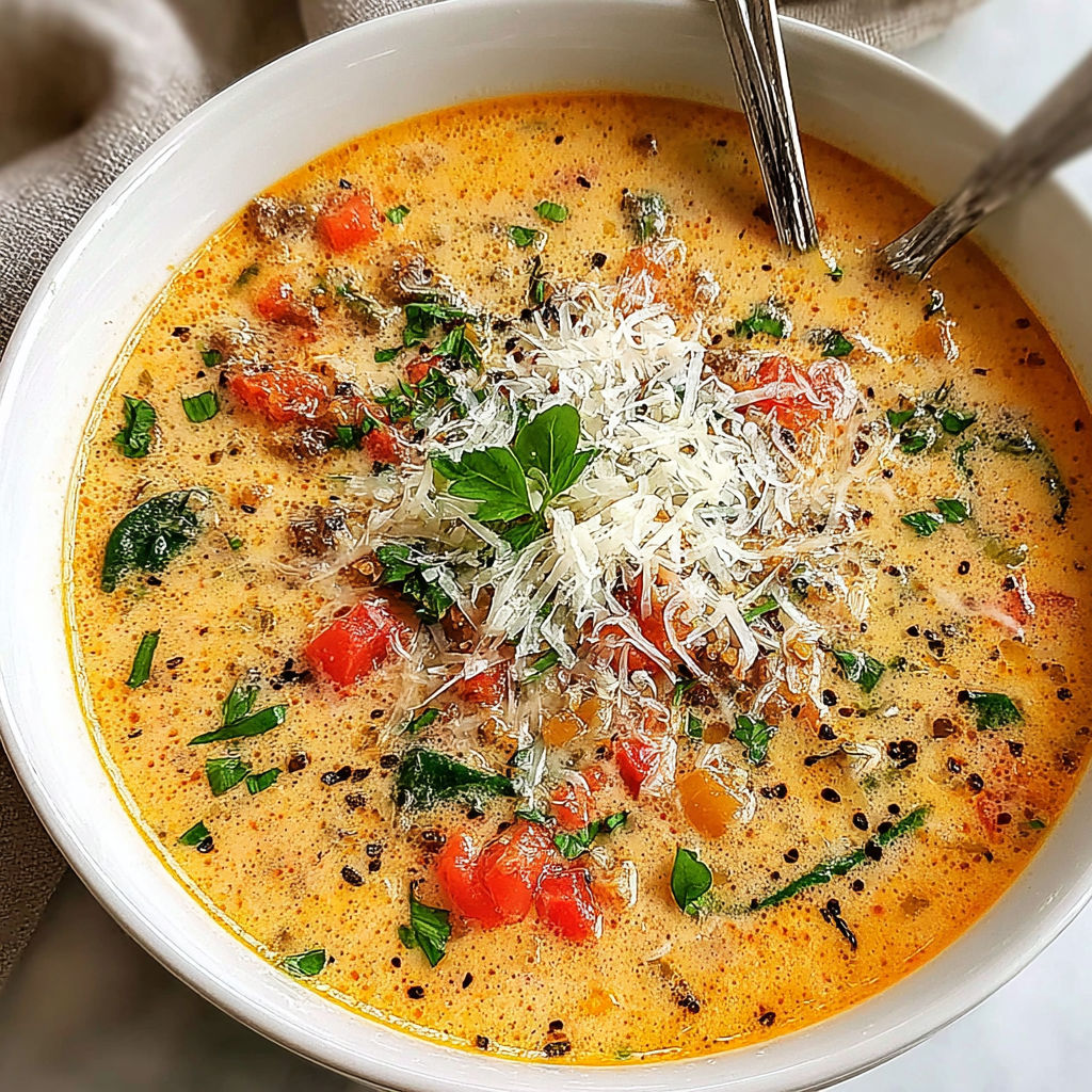 A bowl of soup with cheese and tomatoes.