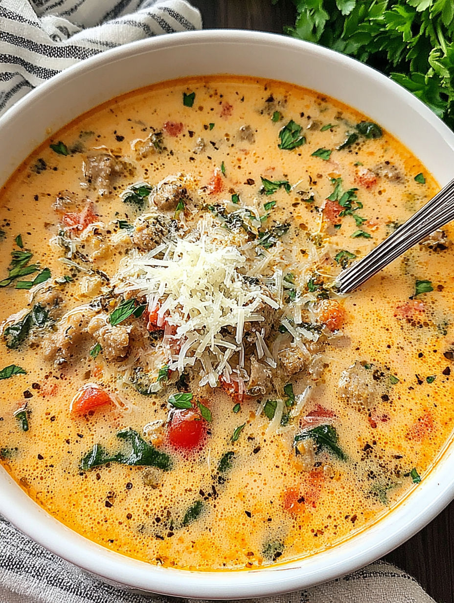 A bowl of soup with cheese and tomatoes.