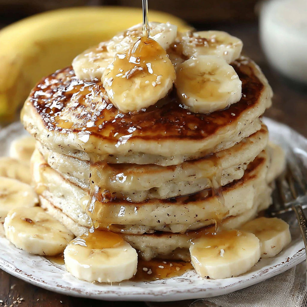 Fluffy vegan pancakes with bananas and syrup.