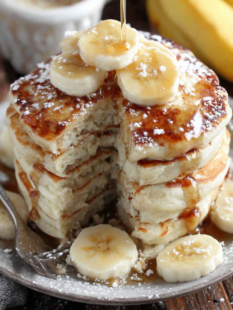 A stack of fluffy vegan pancakes with bananas on top.