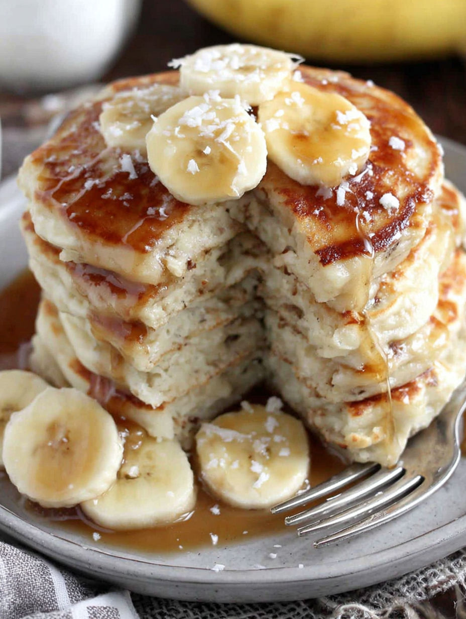 A stack of fluffy vegan pancakes with bananas on top.