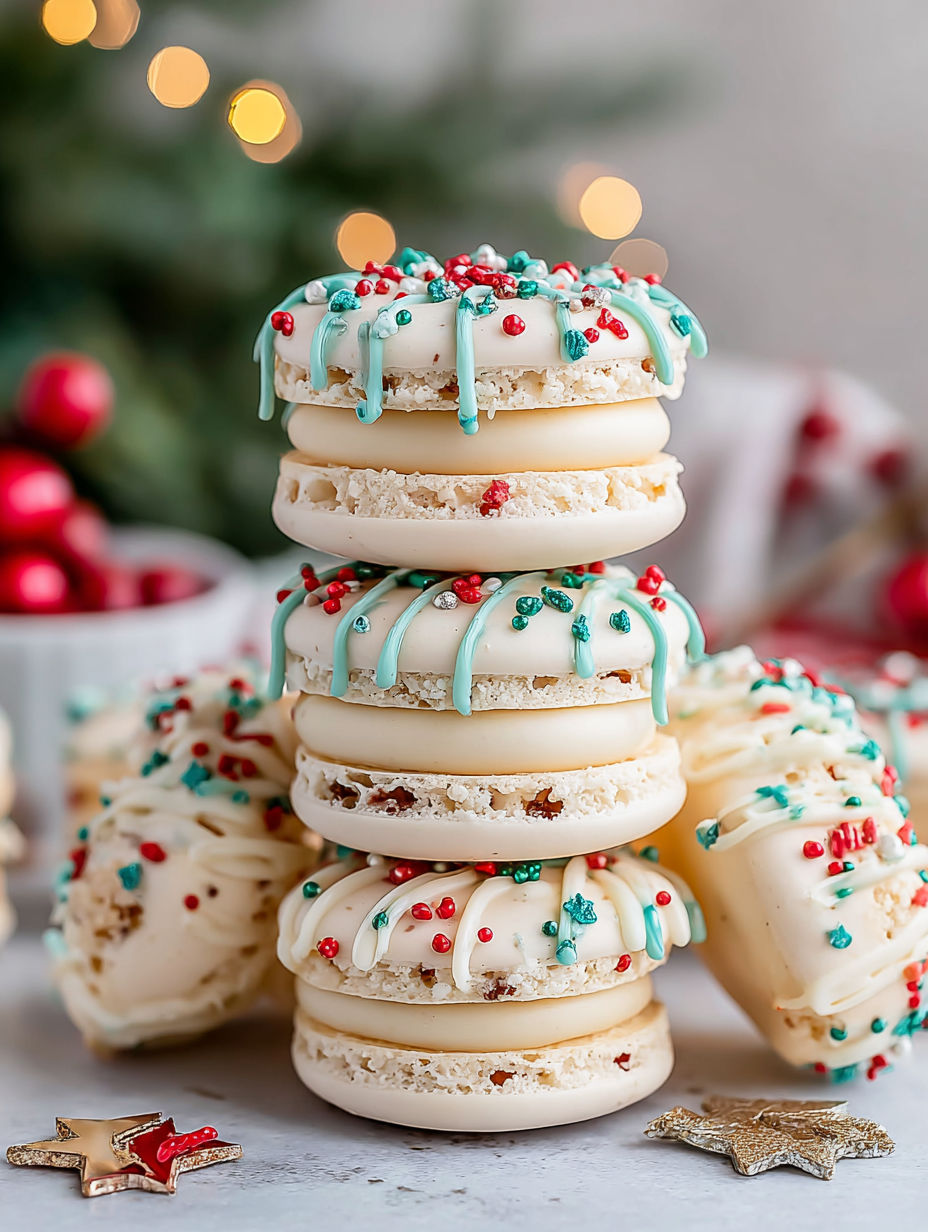 A stack of white and blue frosted cookies.