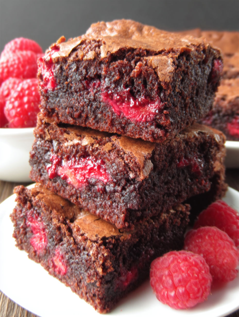 A stack of brownies with raspberries on top.