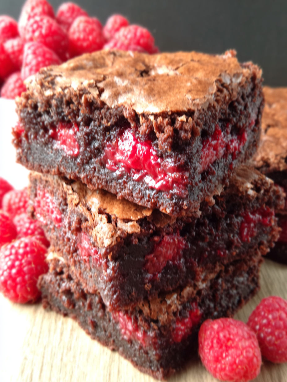 A stack of brownies with raspberries on top.