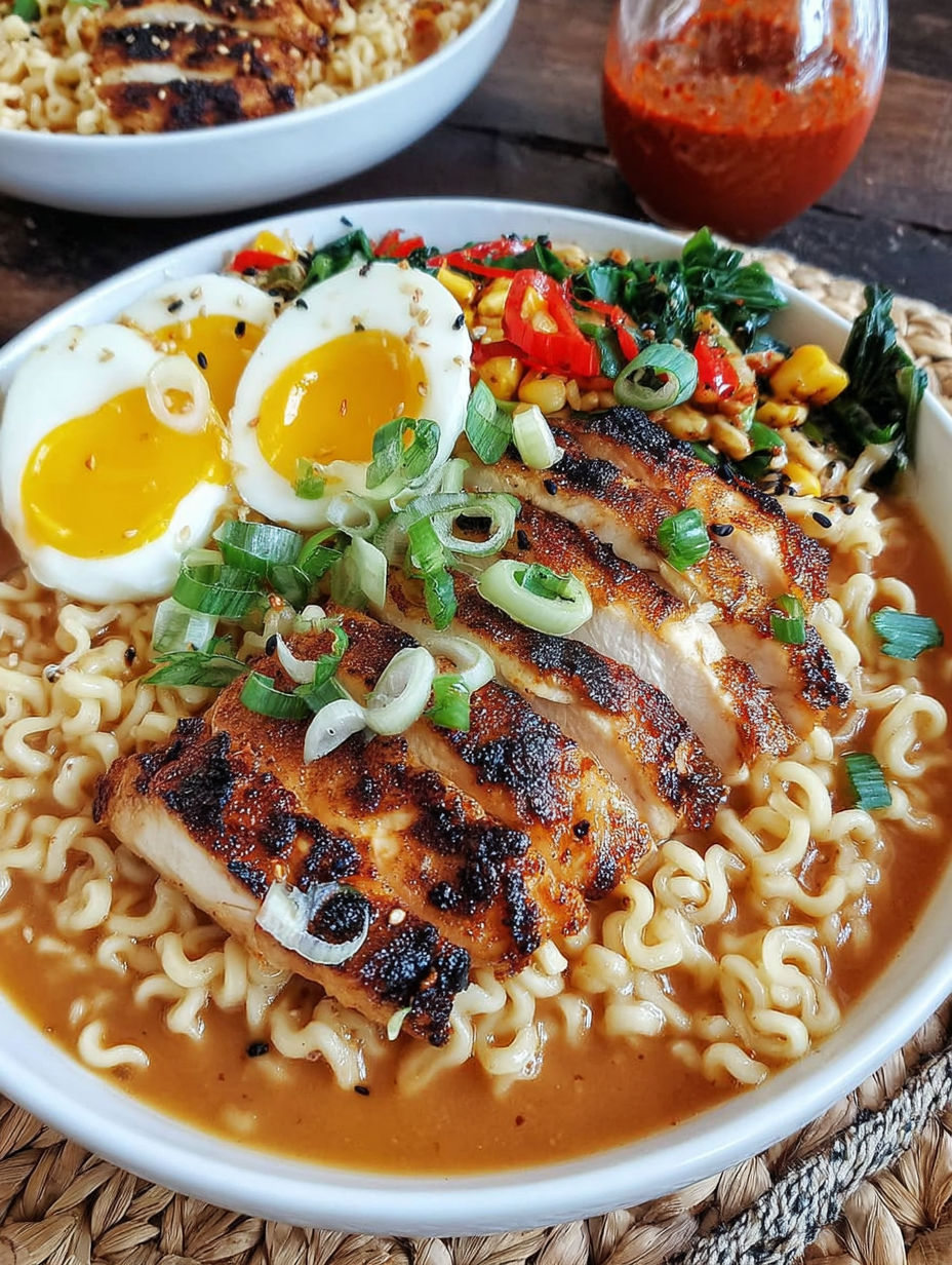 A bowl of ramen with chicken and vegetables.