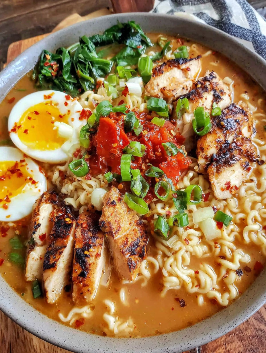 A bowl of Fiery Chicken Ramen with Spicy Garlic Broth.