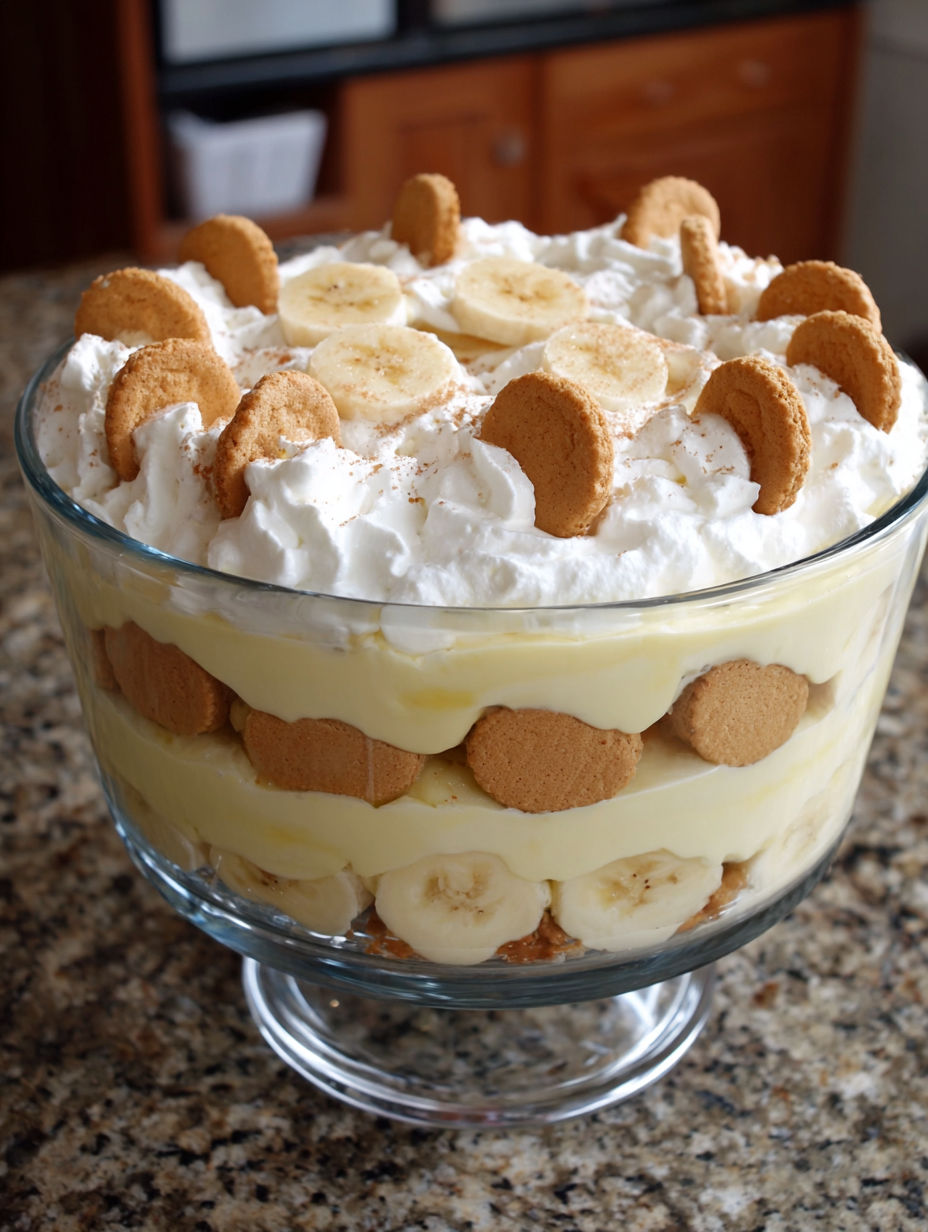 A glass bowl filled with banana pudding.