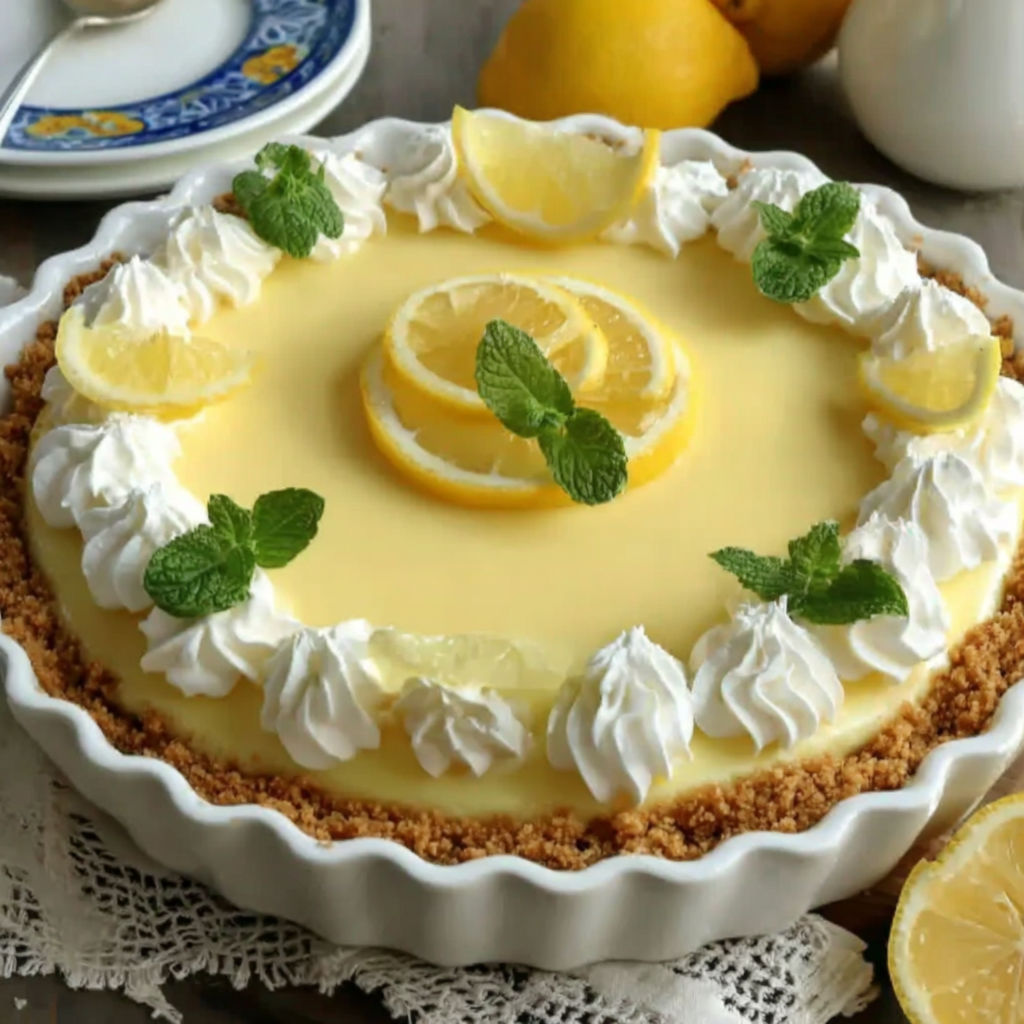 A slice of lemonade pie with mint leaves on top.