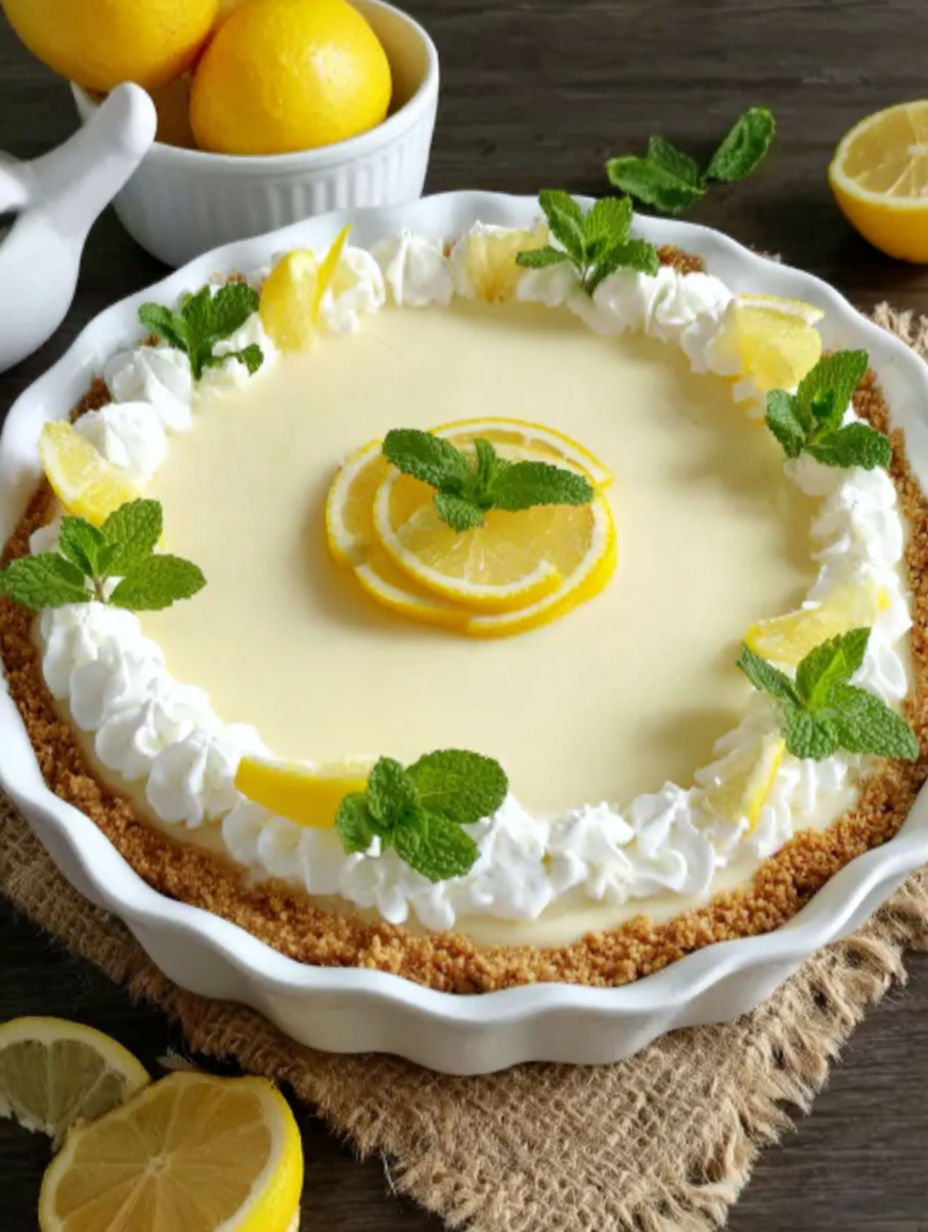 A slice of lemon meringue pie with mint leaves on top.