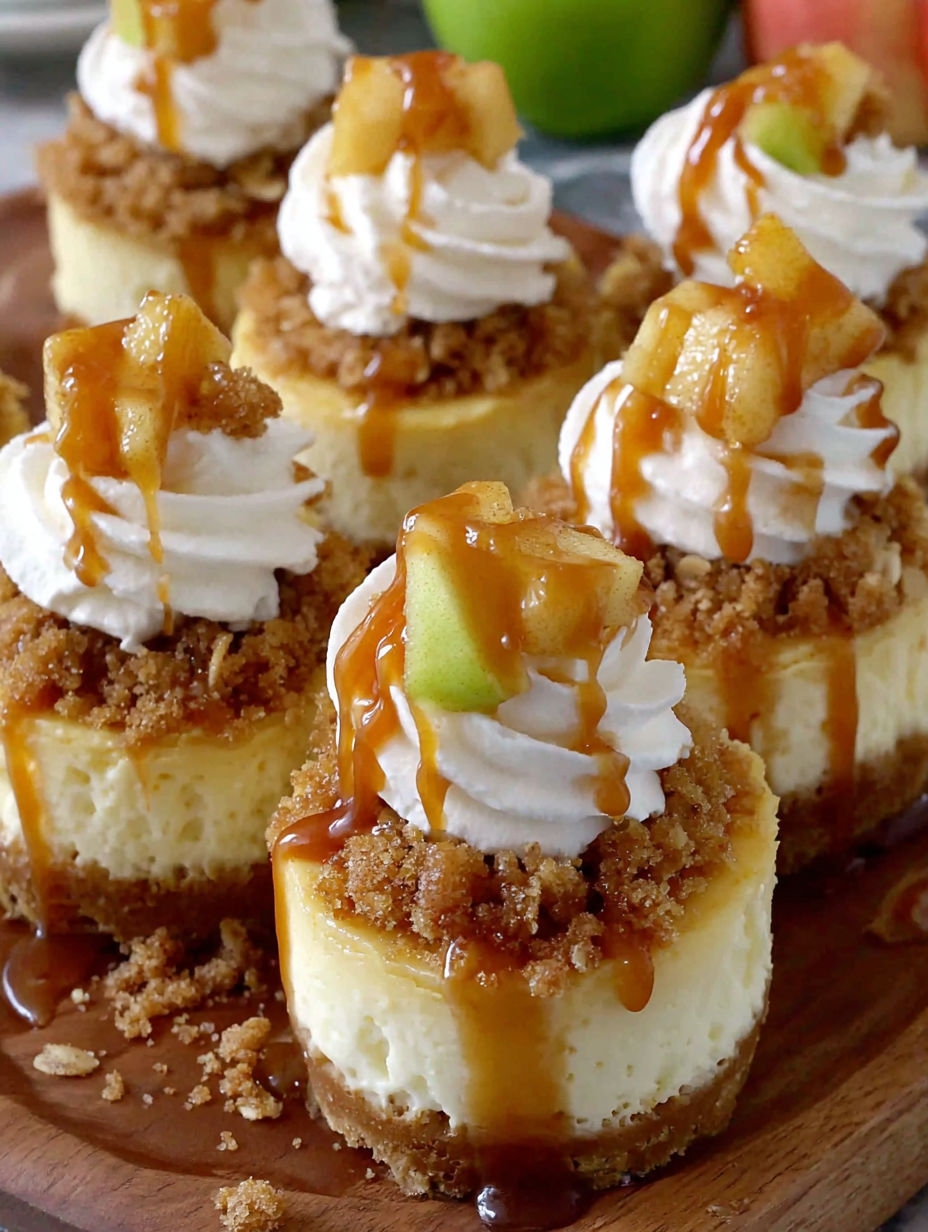 A plate of mini cheesecakes with caramel drizzle and apple slices on top.