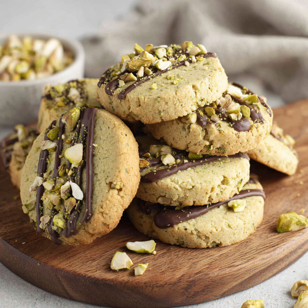 A stack of pistachio shortbread cookies.