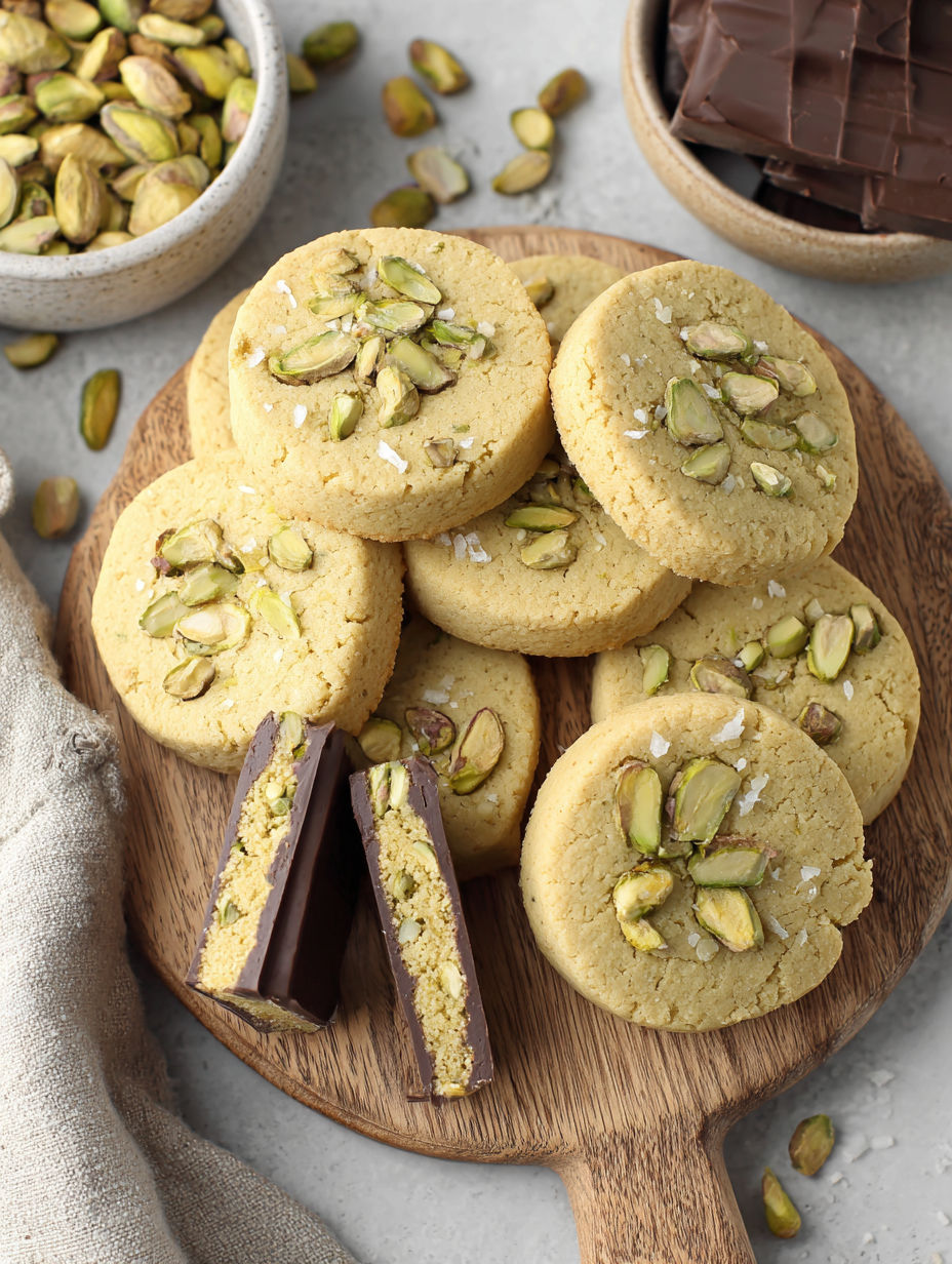 A plate of pistachio cookies with chocolate chips.