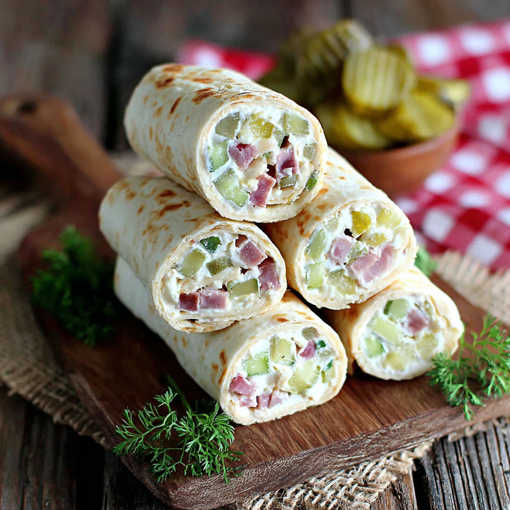 A stack of pickle dip roll-ups.