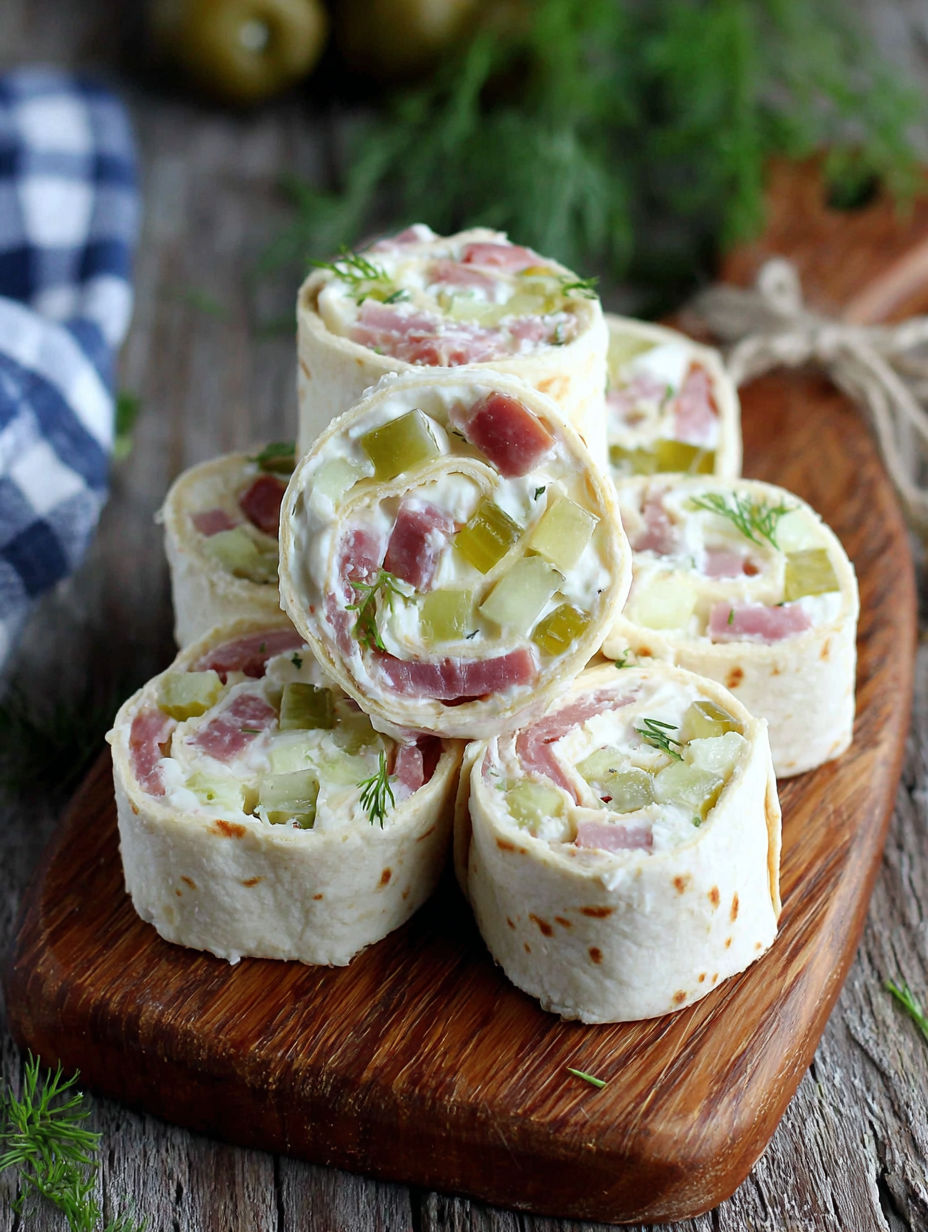 A stack of pickle dip roll-ups.