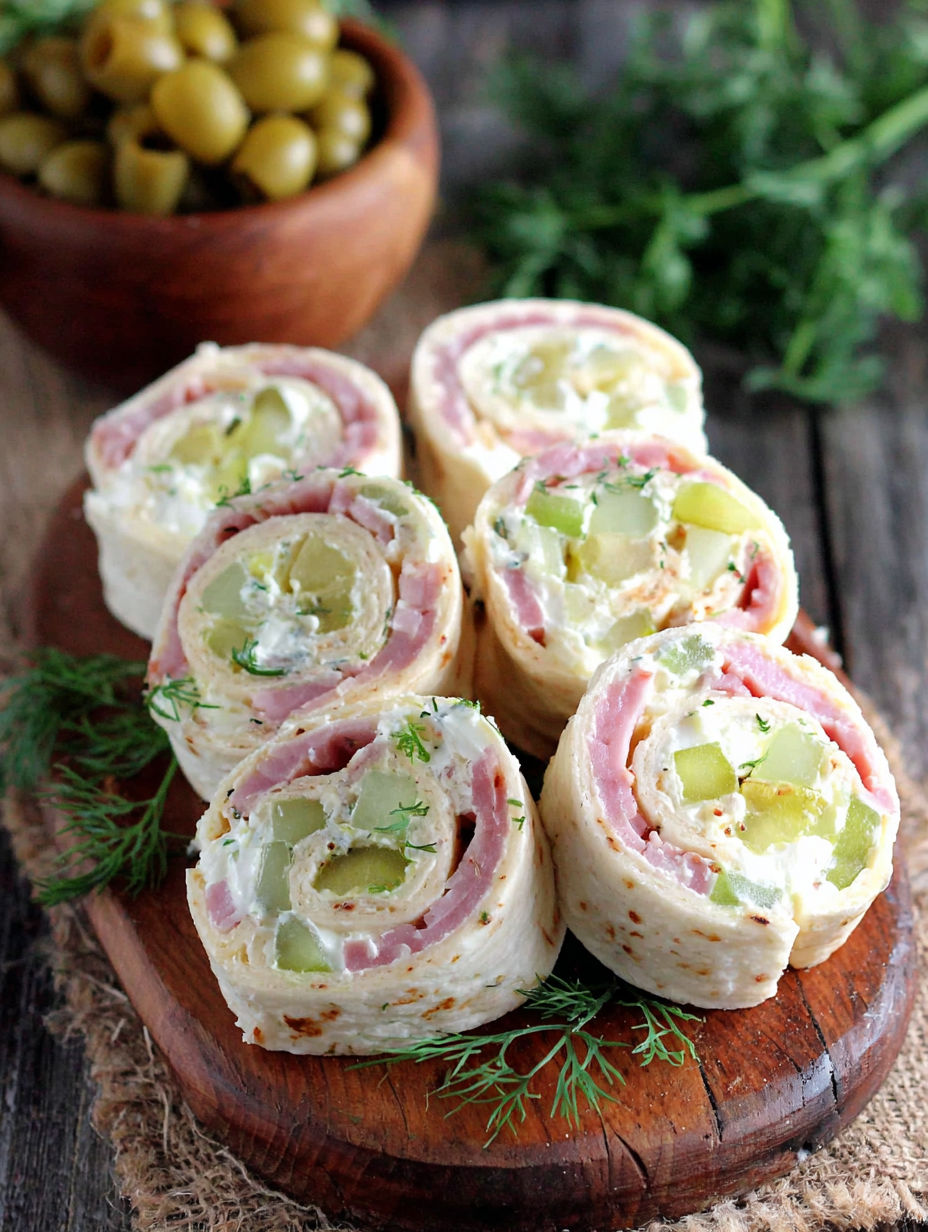 A plate of pickle dip roll-ups.