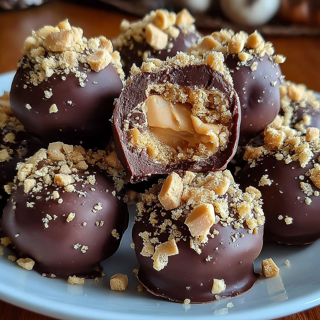 A plate of chocolate covered peanut butter balls.