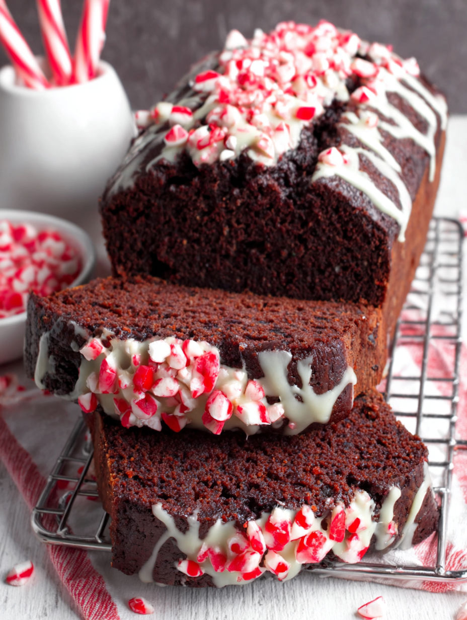A slice of chocolate peppermint loaf with white frosting.