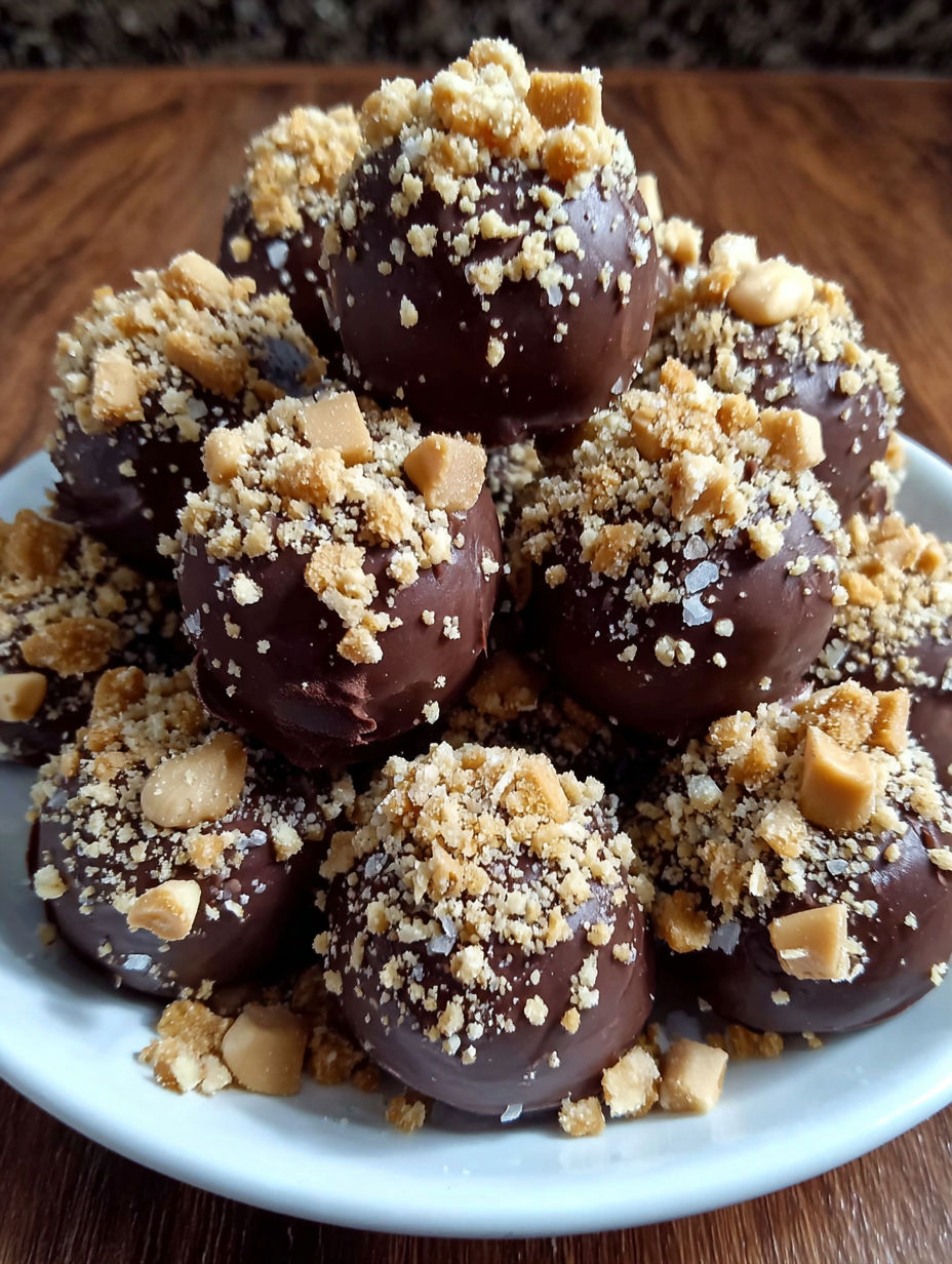 A plate of chocolate covered balls with nuts on top.