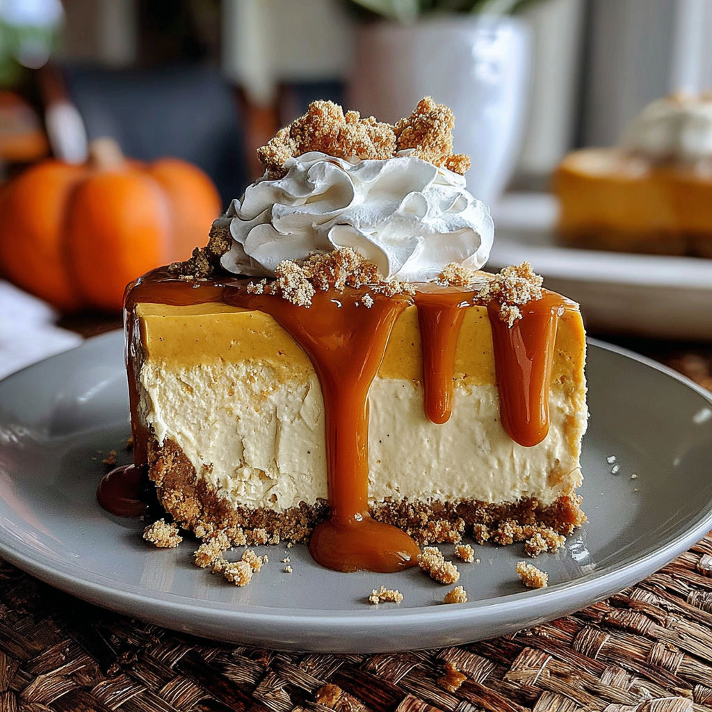 A slice of decadent no-bake pumpkin cheesecake with caramel drizzle.