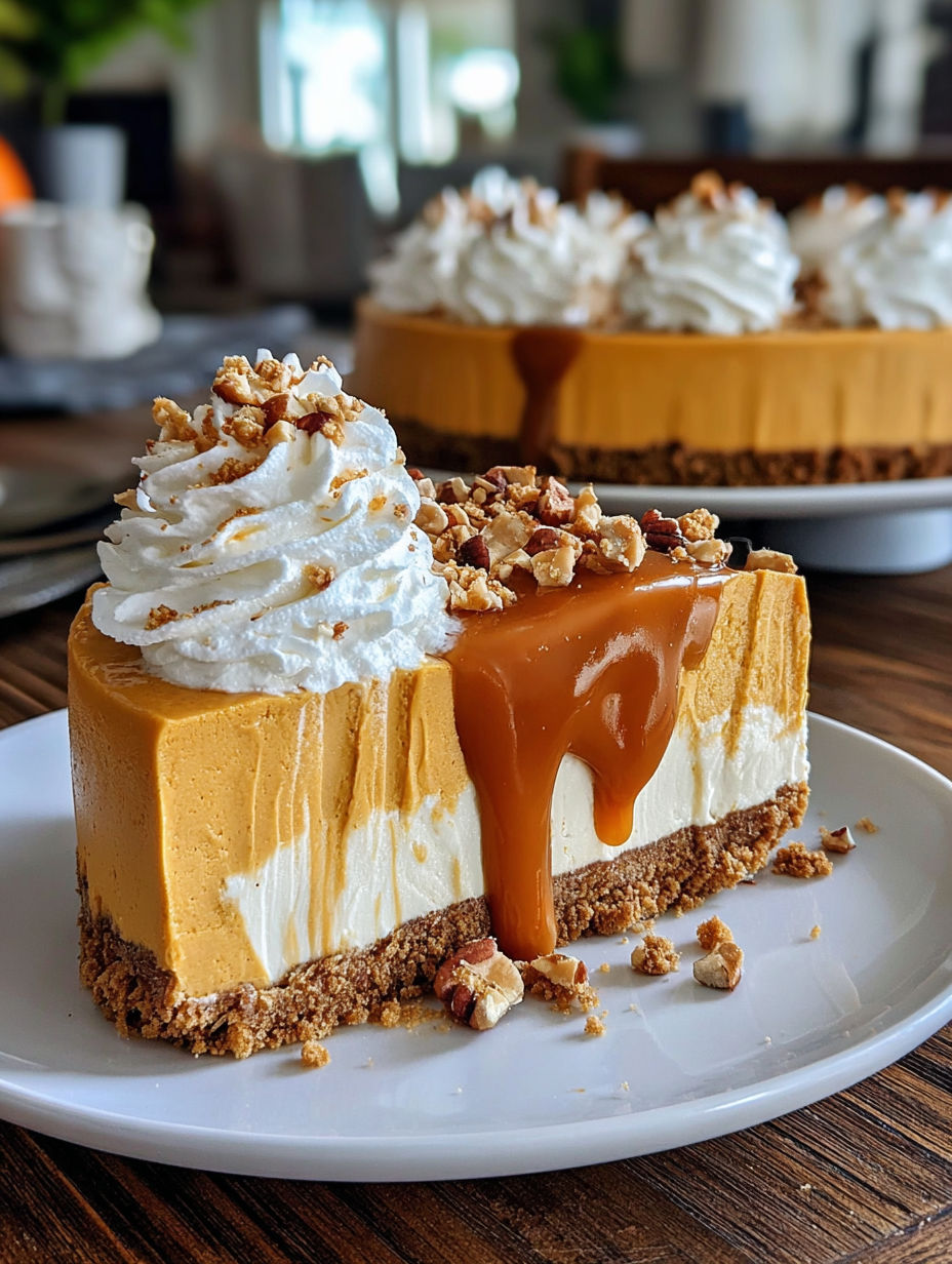 A slice of decadent no-bake pumpkin cheesecake.