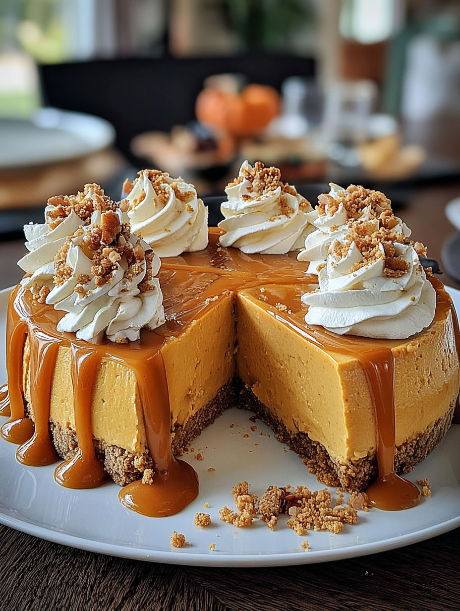 A slice of decadent no-bake pumpkin cheesecake.