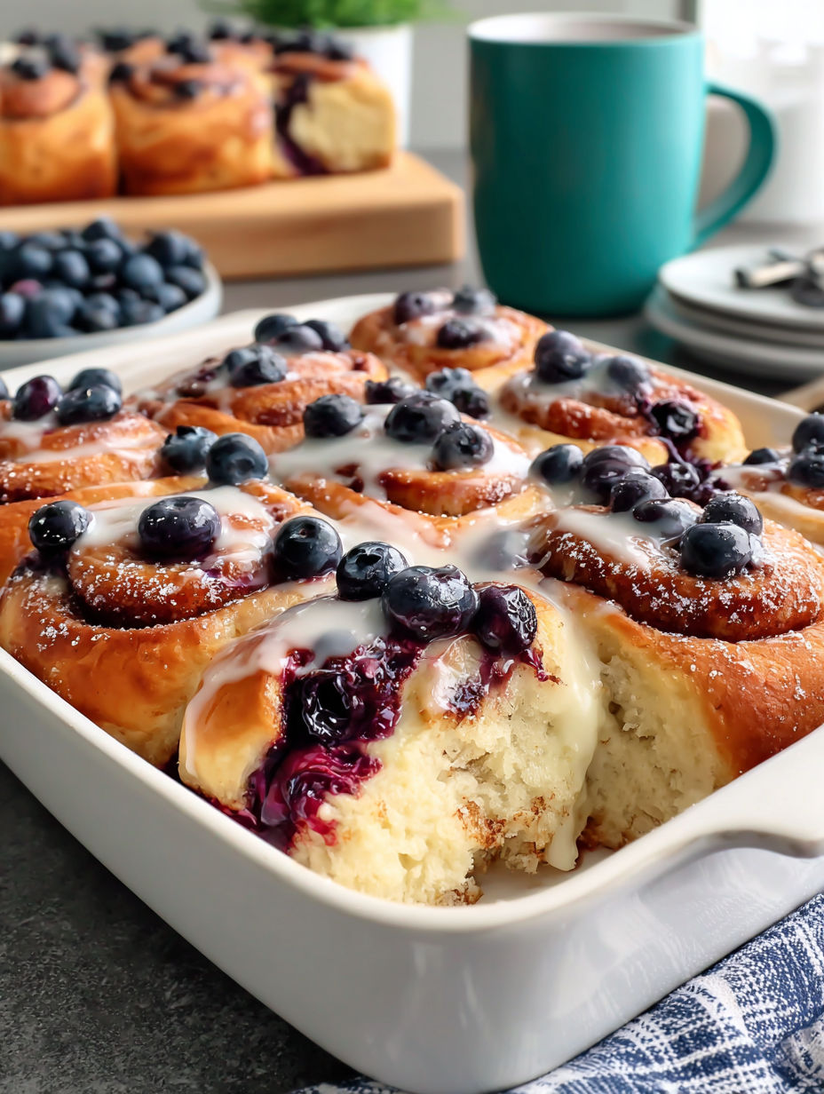 A delicious blueberry cinnamon rolls bake.