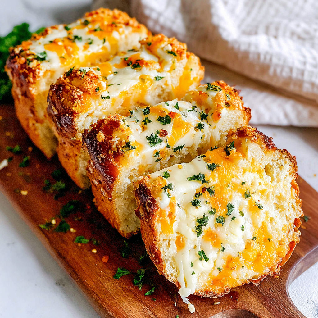 A loaf of bread with cheese on top.