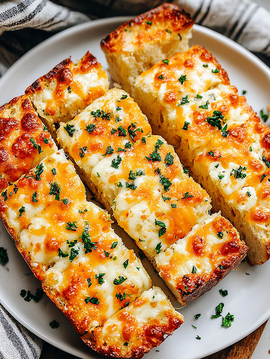 A plate of cheesy bread slices.